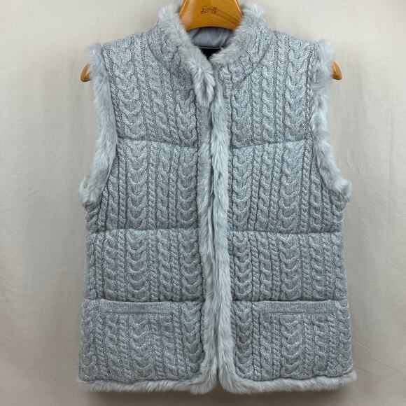 Talbots Faux Fur Trim Metallic Cable Sweater Vest, Silver Grey Size Medium - Picture 1 of 12